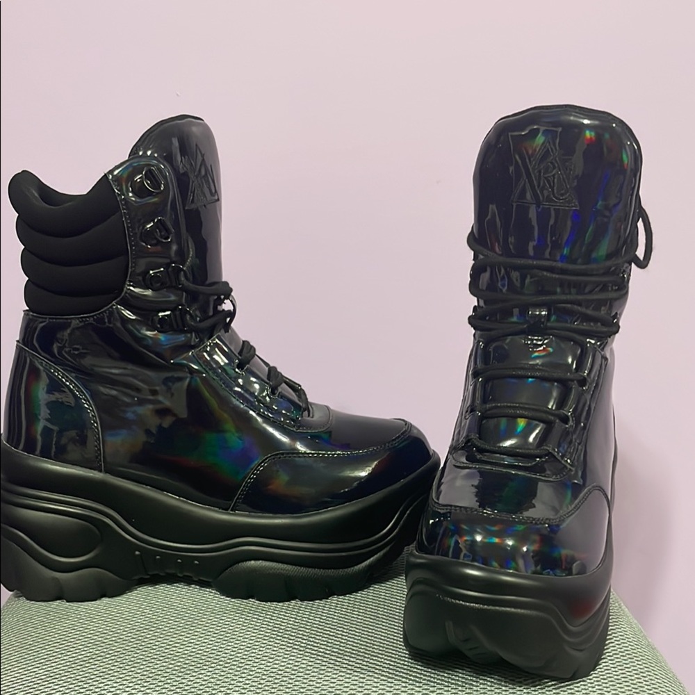 YRU Black Iridescent Lace Up Boots